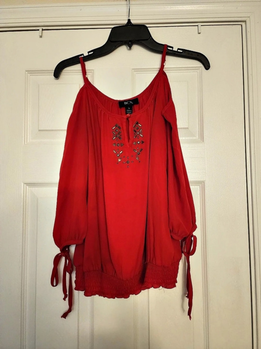 BCX Embellished Sleeve Blouse in Red Size Small